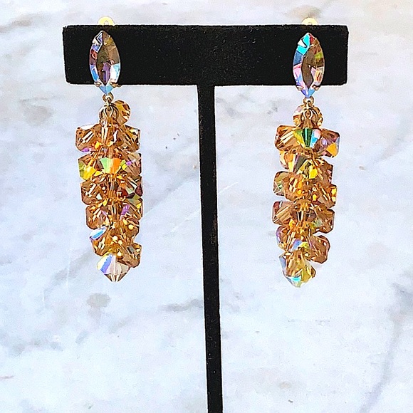 LEWIS SEGAL OF CALIFORNIA EARRINGS CLIP DANGLE GOLD AURORA BOREALIS VINTAGE - Picture 2 of 11
